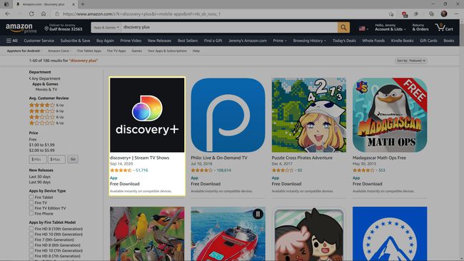 Amazon 앱 및 게임 검색 결과에서 Discovery+가 강조 표시되었습니다.