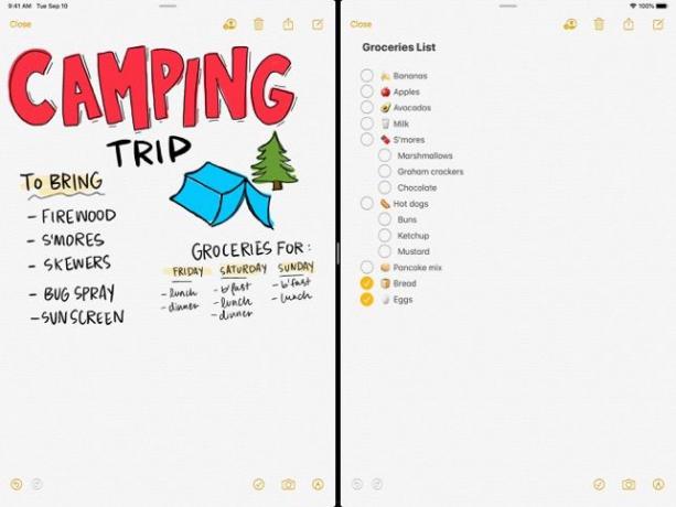 iOS Notes App mit handgeschriebenen Campingnotizen und einer Einkaufsliste