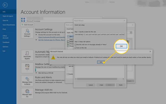 OK-knop in bevestigingsvenster voor Wizard Regels in Outlook