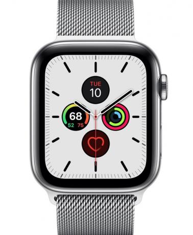 Gümüş rengi Apple Watch Series 5, ana ekranı gösteriyor