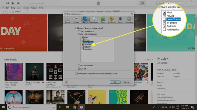 iTunes koplietošanas preferences ar iezīmētām koplietošanas atlasēm