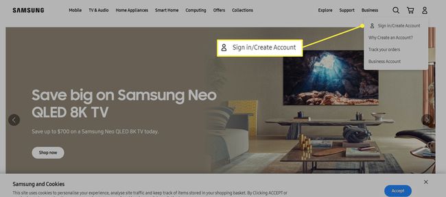 „Samsung“ svetainė su pažymėta parinktimi „Prisijungti sukurti paskyrą“.