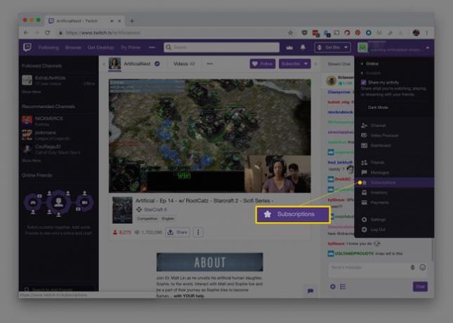 Snimka zaslona izbornika Pretplate na stranici Twitch kanala za ArtificialNext