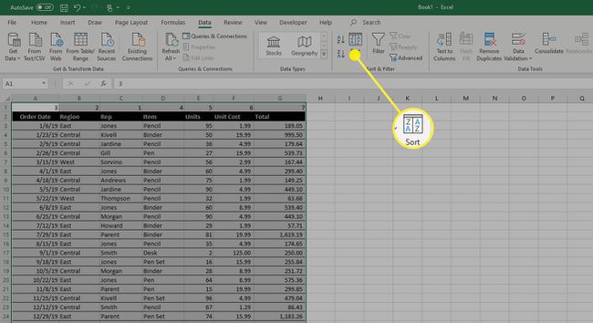 Die Sortieroption in Microsoft Excel.