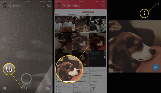 Trīs iOS ekrāni, kuros redzama fotoattēla ikona, fotoattēli no Camera Roll un trīs punktu izvēlne Snapchat