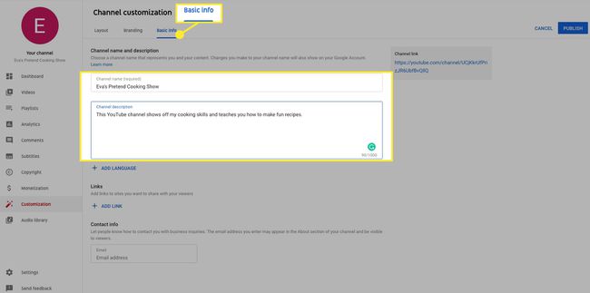 Selecteer het tabblad Basisinformatie om de naam en beschrijving van je kanaal te bewerken.