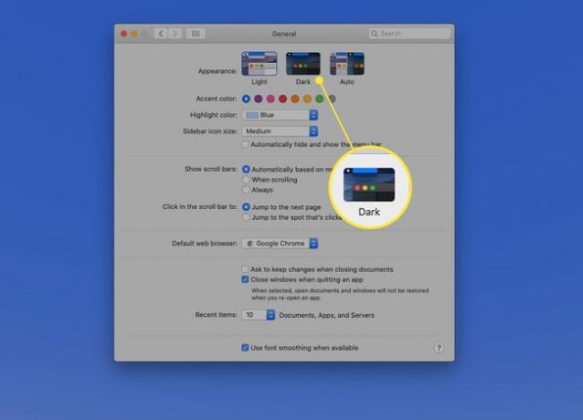 ダークが強調表示されたMacシステム環境設定の外観