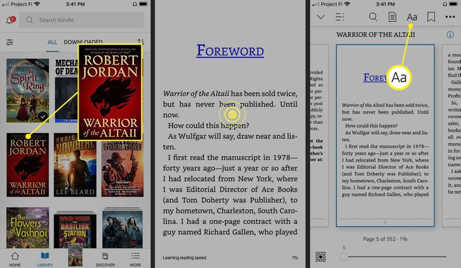 Kindle-appen med en bog åbnet og Aa fremhævet