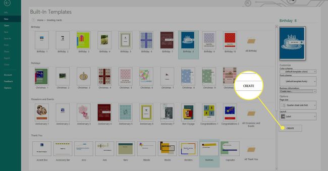 [作成]ボタンが強調表示されたMicrosoftPublisherのテンプレート画面のスクリーンショット