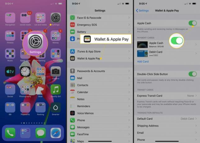 Nastavení, Peněženka a Apple Pay, přepínání Apple Cash na iOS