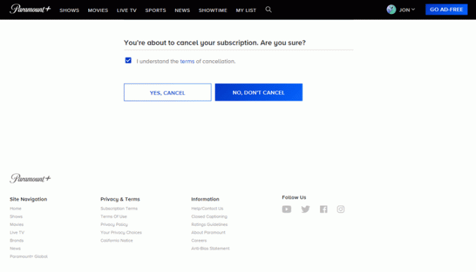 「はい、キャンセル」が強調表示された Paramount Plus のサブスクリプションキャンセルページ