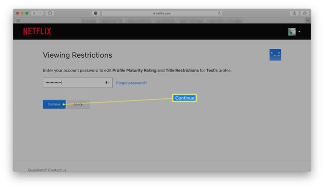 Netflix visningsbegränsningsfönster med lösenordsinformation krävs
