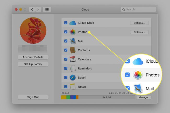 写真オプションが強調表示されたmacOSのiCloud設定のスクリーンショット