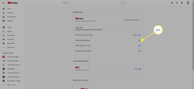 היכן לערוך תכונות של שיתוף משפחתי ב-YouTube Premium.