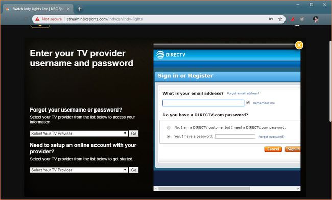 NBC SportsDirecTVプロバイダーのログイン画面のスクリーンショット。