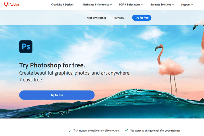 Schaltfläche „Kostenlos testen“ auf der Testseite von Photoshop
