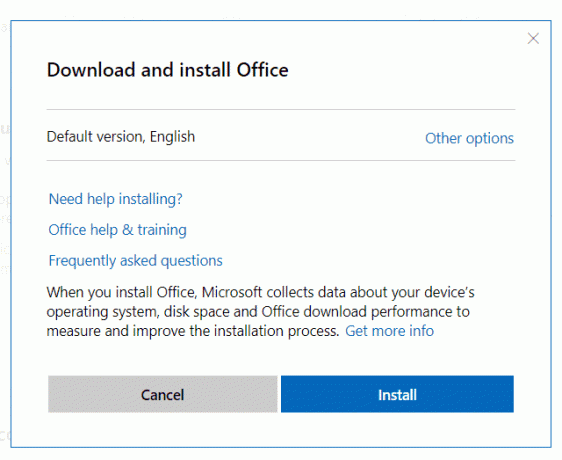 Captura de tela do prompt de download e instalação do Office