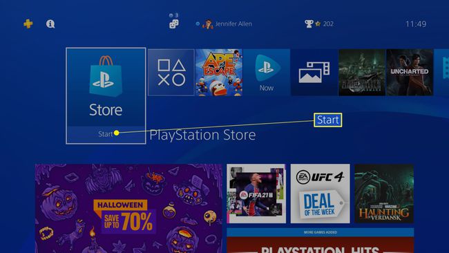 Playstation 4 töölauaekraan koos PlayStation Store'i rakendusega esile tõstetud
