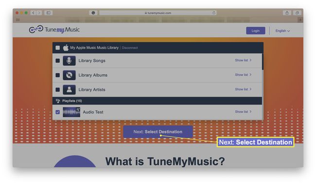 TuneMyMusic اختر صفحة الوجهة لنقل الموسيقى