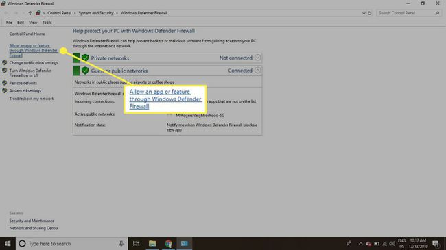 Windows Defender ugunsmūris ar iezīmētu opciju Atļaut lietotni vai līdzekli