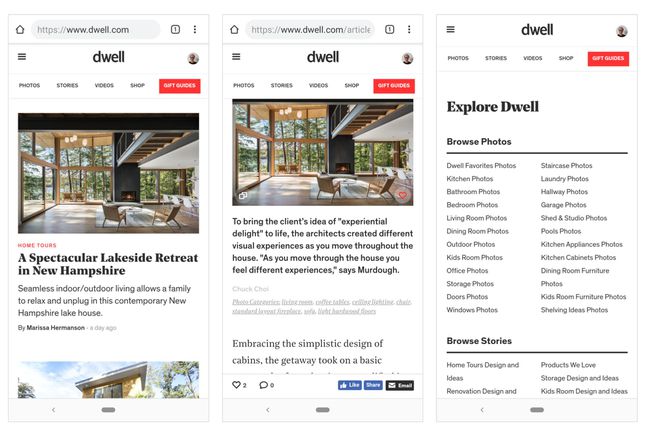 3 snímky obrazovky: domovská obrazovka Dwell.com; Foto článku, s vybraným srdcem (oblíbeným); Prozkoumejte dwell, zobrazující přímé odkazy na kategorie obsahu
