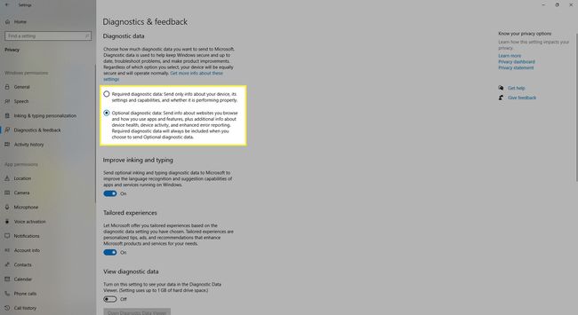 Windows 10 gizlilik ayarlarının tanılama ve geri bildirim bölümü.