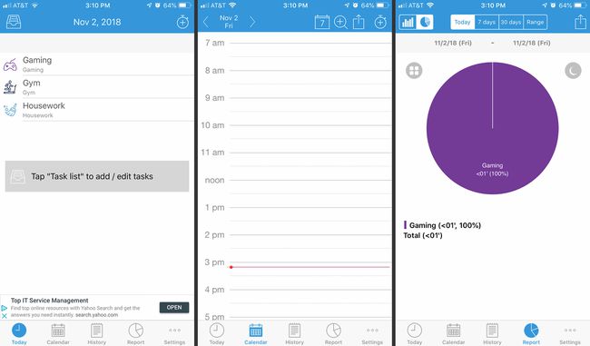 Kolme ATracker iOS -näyttöä, jotka näyttävät tehtäväluettelon, kalenterin ja ympyräkaavion