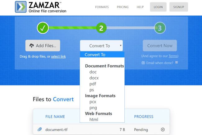 Konversi RTF di Zamzar