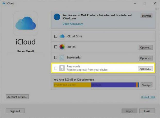 La aplicación iCloud para Windows con el campo Contraseñas resaltado se ejecuta en Windows 10.