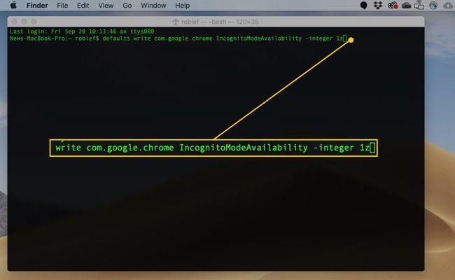 Polecenie terminala macOS, aby wyłączyć tryb incognito