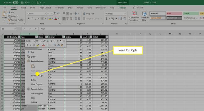 Die Option Ausgeschnittene Zellen einfügen im Kontextmenü von Microsoft Excel.