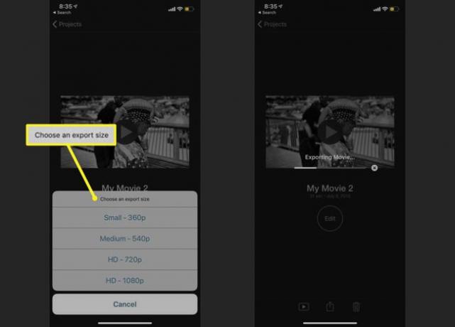 Proces eksportu iMovie na iOS pokazujący wybór rozdzielczości obrazu i eksport wideo.