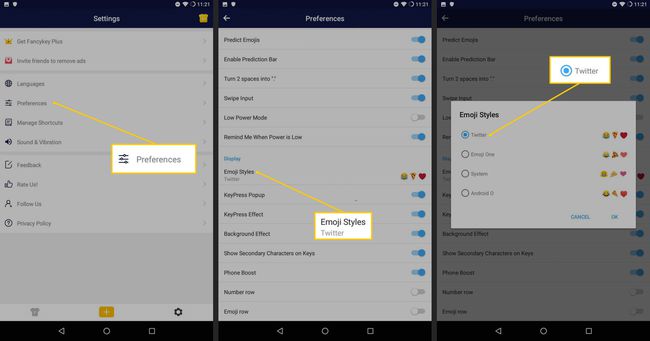 Preferințe, Stiluri Emoji, casetă de selectare Twitter în FancyKey pentru Android