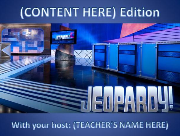 Prvi zaslon igre Jeopardy, ki se igra v PowerPointu