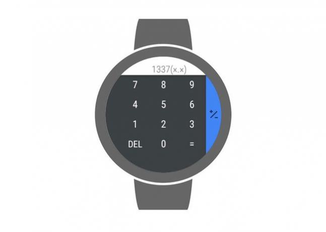 Az okosórán megjelenített Calculator Wear OS alkalmazás.