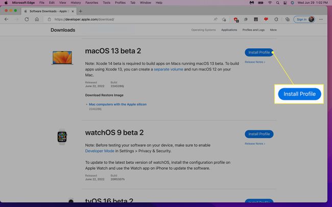 زر تثبيت ملف التعريف لإصدار macOS 13 beta