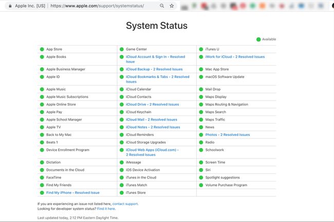 Página de estado del sistema Apple