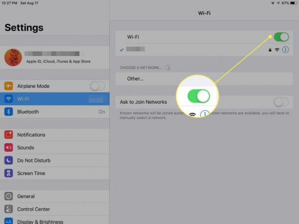 Wi-Fiスイッチが強調表示されたiPadの設定のスクリーンショット