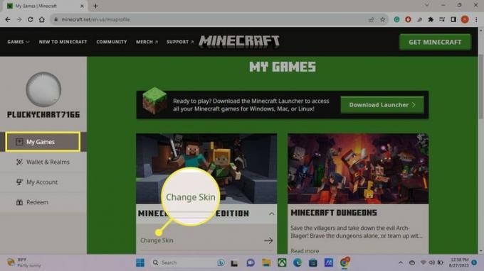 Minecraft.net で [マイ ゲーム] ボタンと [スキンの変更] ボタンが強調表示されています。