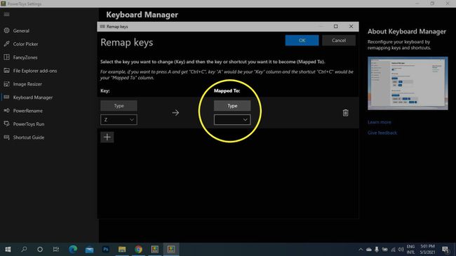 Microsoft PowerToys-ის Remap Keys ეკრანზე ჩაწერეთ Mapped To