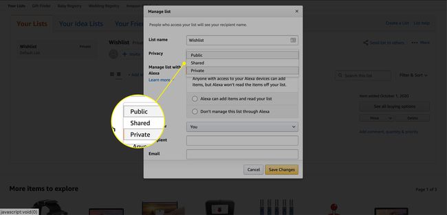 Configuración de privacidad para una lista de deseos de Amazon