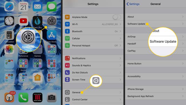 Menus de configurações, geral e atualização de software em um iPhone