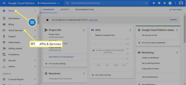 Google Cloud Platform'da menü simgesi ve API'ler ve Hizmetler