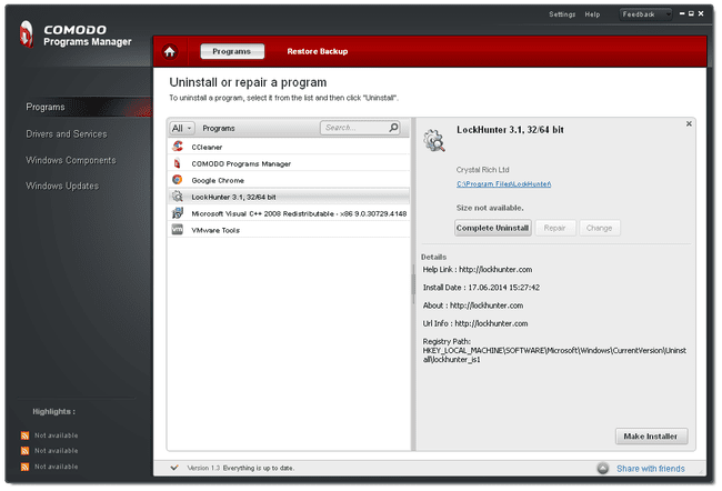 Comodo Programs Manager ve Windows XP