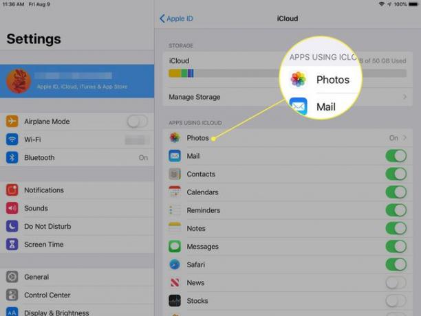 写真が強調表示されたiPadのiCloud設定のスクリーンショット