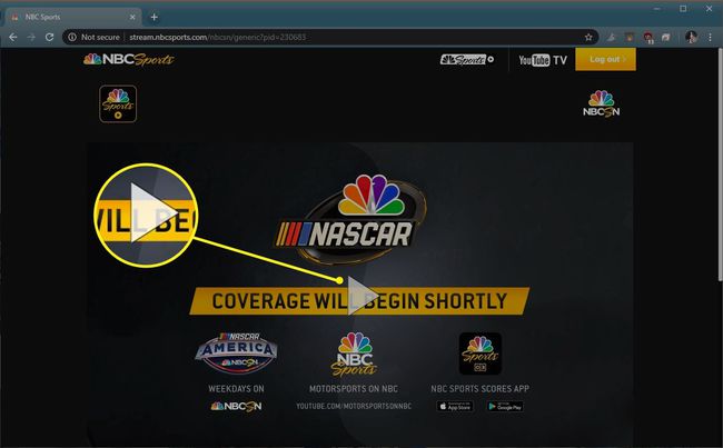 NBCsports.com cu butonul de redare evidențiat