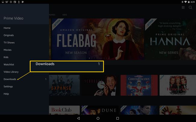 Selectând Descărcări din meniul din Amazon Prime Video