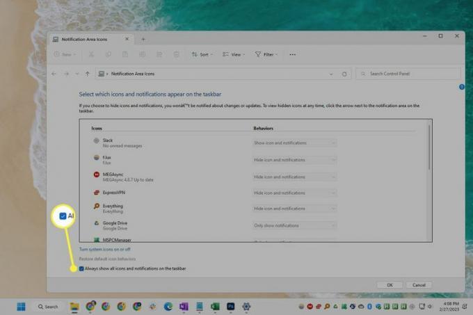 Le impostazioni delle icone dell'area di notifica per Windows 11.