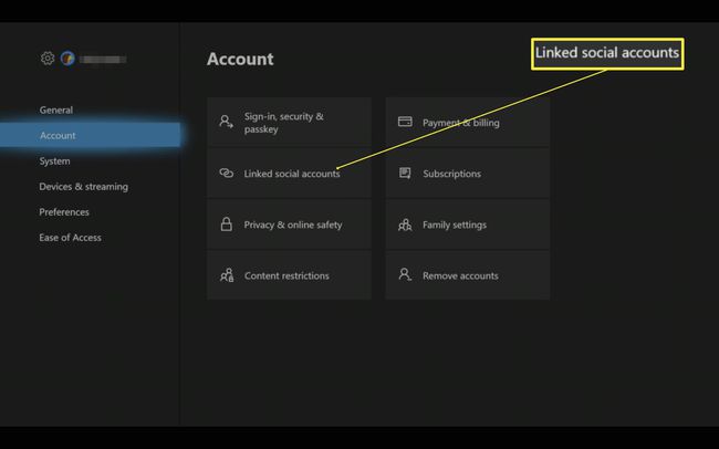 リンクされたソーシャルアカウントが強調表示されたXboxOneの設定