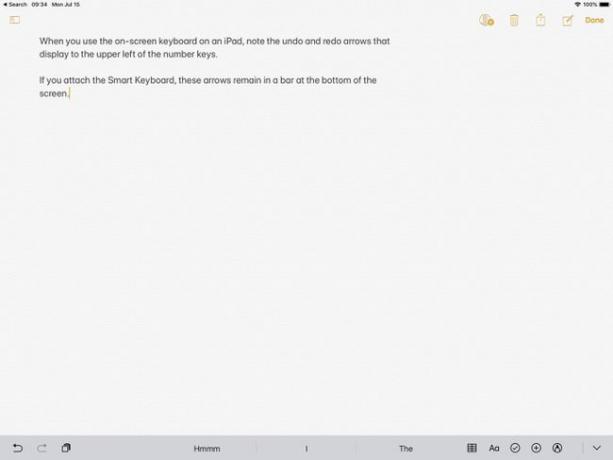 iPadのスクリーンショット：スマートキーボードが接続されている場合、元に戻すアイコンは左下隅のメモに表示されたままになります